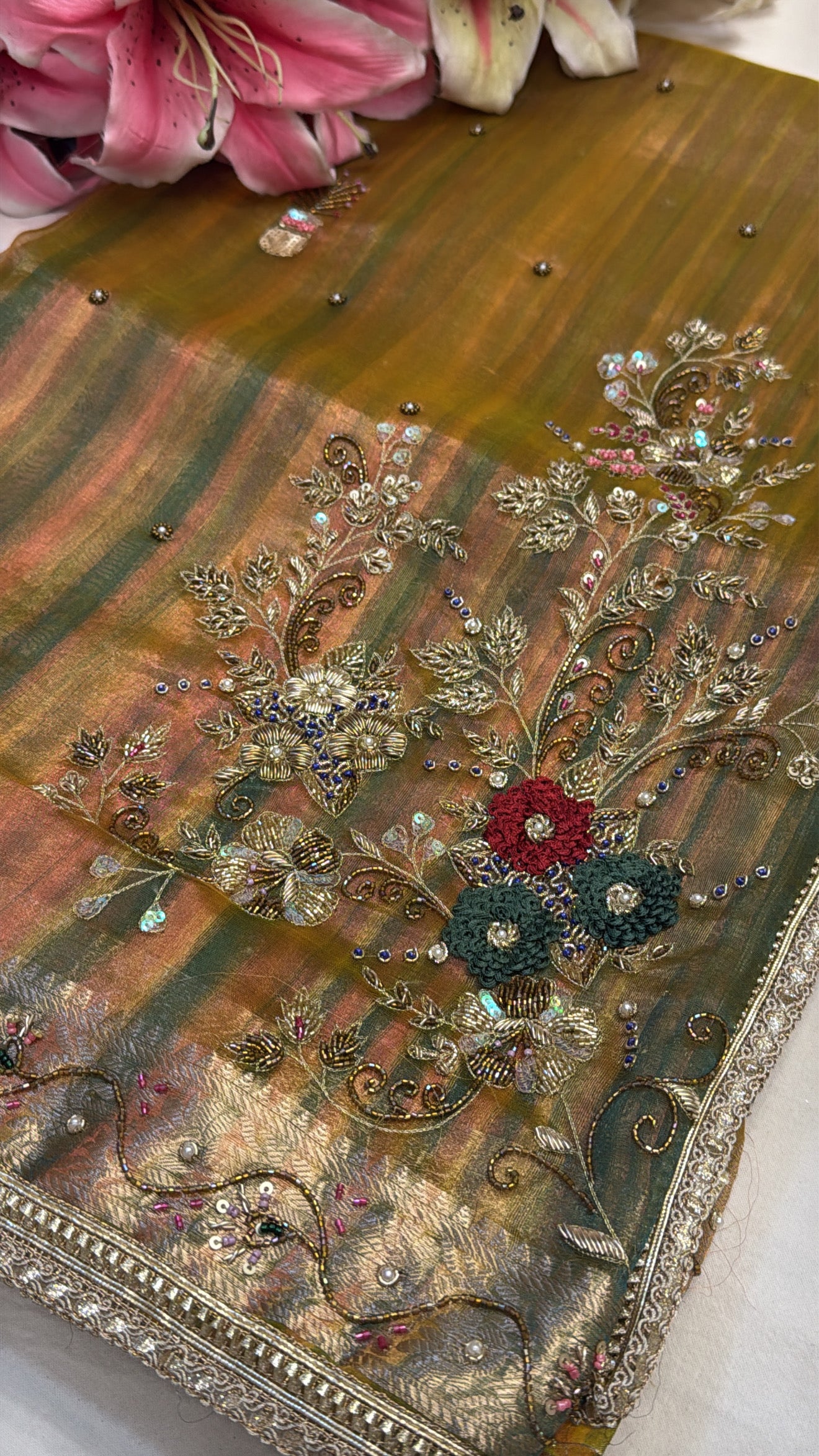 Mustard striped husn tissue silk hand embroidered kadhwa saree